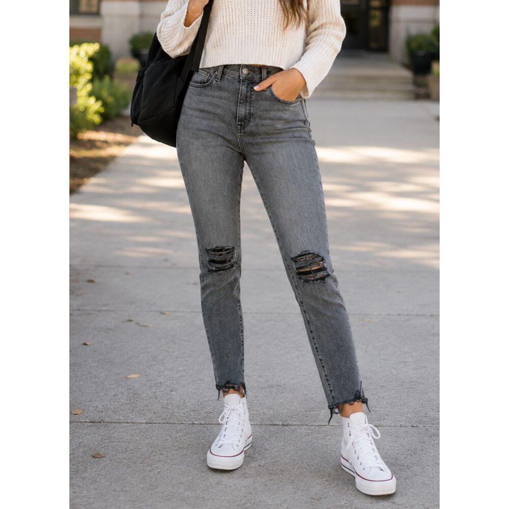 PacSun High Rise Jegging Jeans Size 26 Gray Black Distressed Raw Hem Stretch